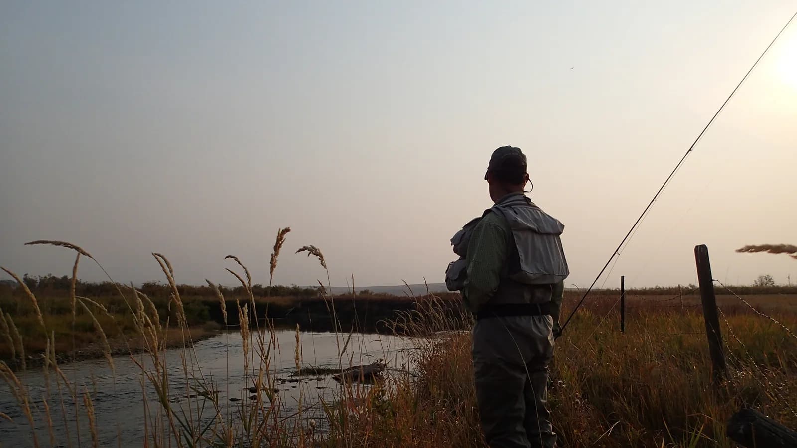 An angler in waders with a backpack stands in shallow water among reeds at dawn, rod out over flat grey water.