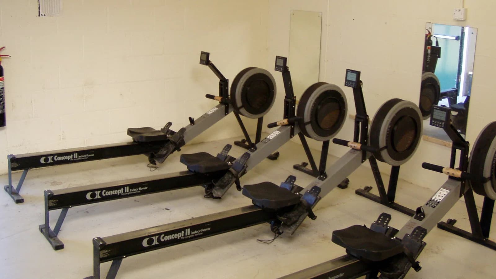 A row of indoor rowing machines lined up side by side on a gym floor against a plain wall.