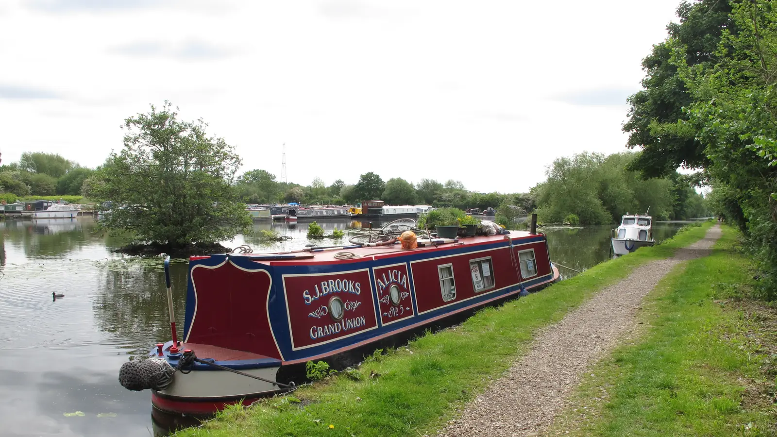 A painted narrowboat moored against a grassy towpath on a still canal, with trees and more moorings beyond.